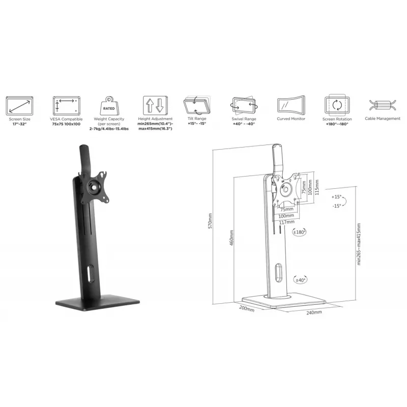 eSTUFF GLB226004 monitoriaus laikiklis / stovas 81,3 cm (32 colių) Stalinis Juodas