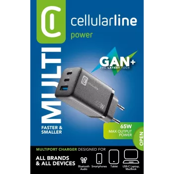 Cellularline Multipower Micro 65W itin kompaktiškas 65W greitas tinklo įkroviklis su 3 prievadais