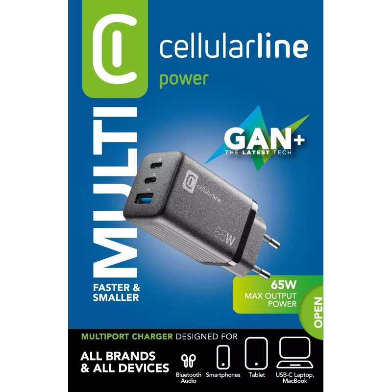 Cellularline Multipower Micro 65W itin kompaktiškas 65W greitas tinklo įkroviklis su 3 prievadais