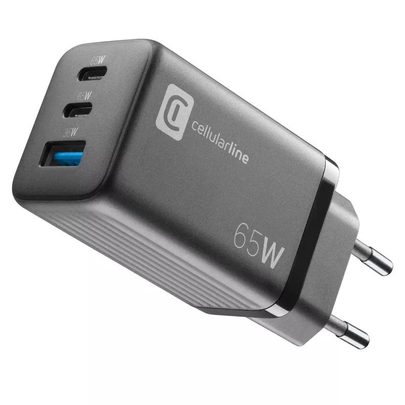 Cellularline Multipower Micro 65W itin kompaktiškas 65W greitas tinklo įkroviklis su 3 prievadais