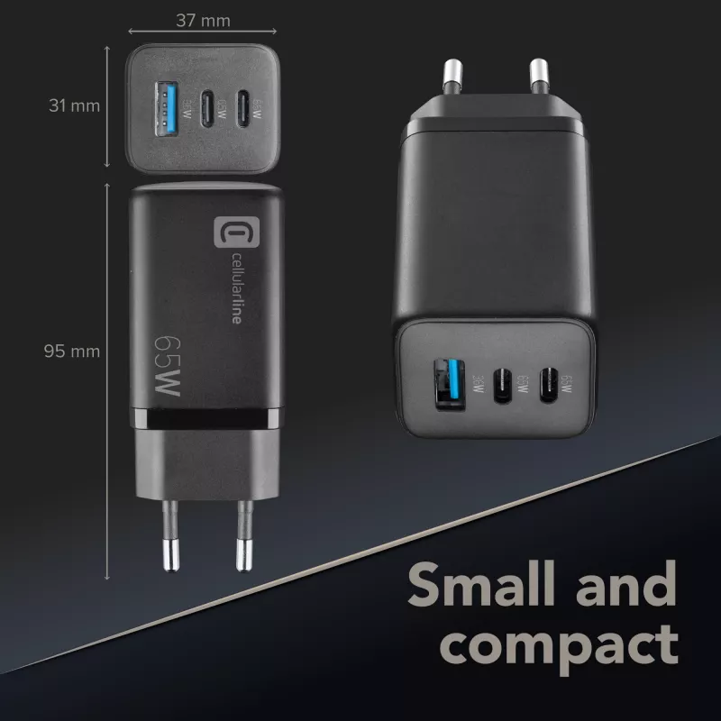 Cellularline Multipower Micro 65W itin kompaktiškas 65W greitas tinklo įkroviklis su 3 prievadais