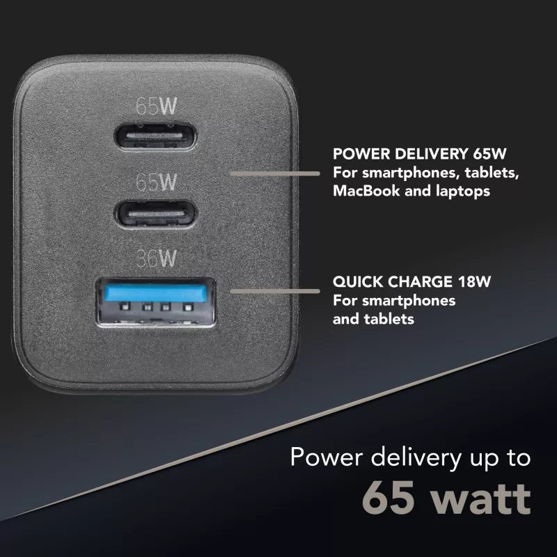 Cellularline Multipower Micro 65W itin kompaktiškas 65W greitas tinklo įkroviklis su 3 prievadais