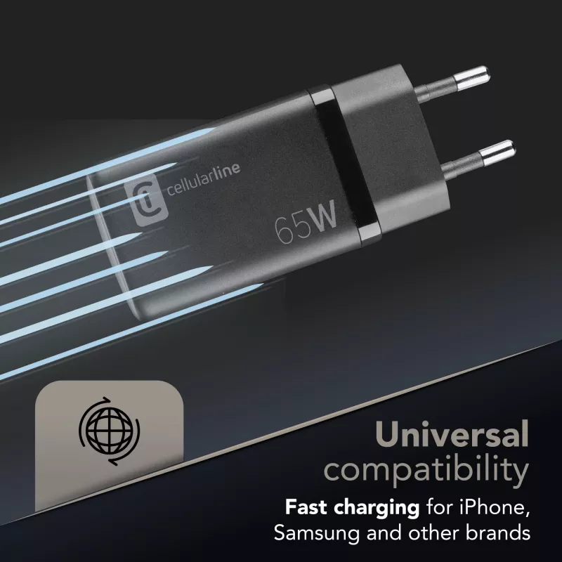 Cellularline Multipower Micro 65W itin kompaktiškas 65W greitas tinklo įkroviklis su 3 prievadais