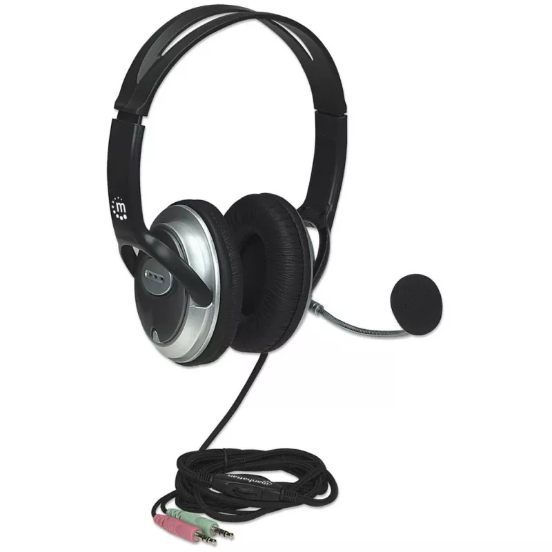 Manhattan Stereo Over-Ear Headset (3.5mm), Microphone Boom (padded), Adjustable Steel Headband, In-Line Volume Control, Ear Cushions, Std 2x 3.5mm stereo jack/plug for audio/mic use, kabelis 2.5m, 3 Year Warranty