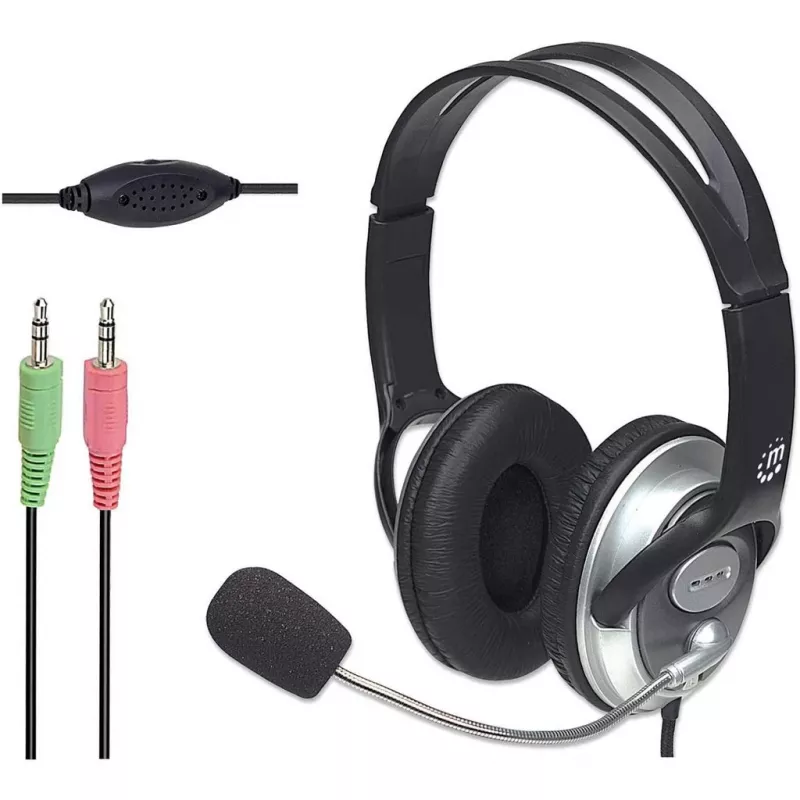 Manhattan Stereo Over-Ear Headset (3.5mm), Microphone Boom (padded), Adjustable Steel Headband, In-Line Volume Control, Ear Cushions, Std 2x 3.5mm stereo jack/plug for audio/mic use, kabelis 2.5m, 3 Year Warranty