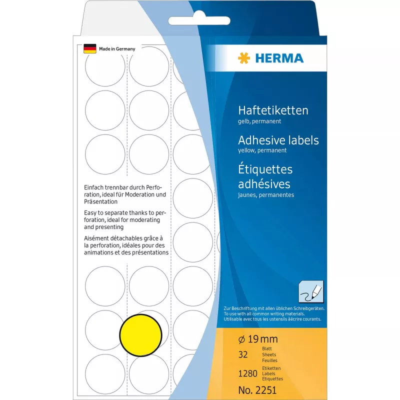 Daugiafunkciai lipdukai HERMA 1280 vnt. apvalūs geltoni 19 mm