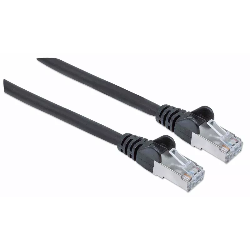 Intellinet Network komutacinis kabelis, Cat7 kabelis/Cat6A kištukai, 0,25 m, juoda, varis, S/FTP, LSOH / LSZH, PVC, RJ45, auksuoti kontaktai, be užkliuvimų, apsaugotas, garantija visam gyvenimui
