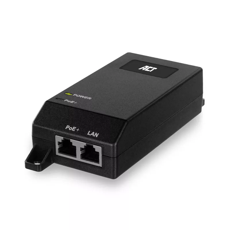 ACT Gigabit PoE+ (30W) injektorius, Gigabit Ethernet, 10,100,1000 Mbit/s, IEEE 802.3, IEEE 802.3ab, IEEE 802.3af, IEEE 802.3at, IEEE 802.3u, Juoda, 30 V, 100 - 240 V