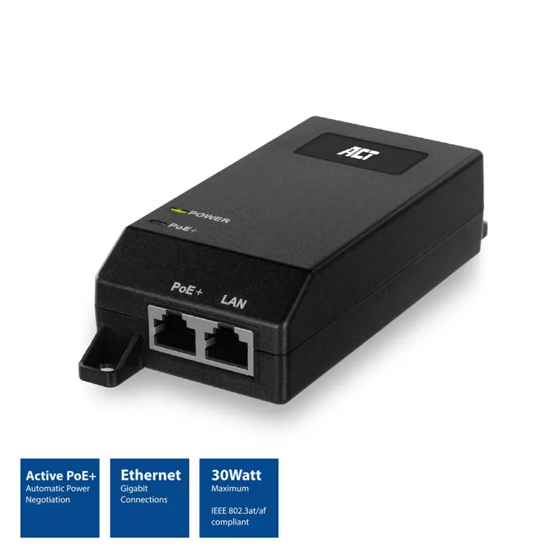 ACT Gigabit PoE+ (30W) injektorius, Gigabit Ethernet, 10,100,1000 Mbit/s, IEEE 802.3, IEEE 802.3ab, IEEE 802.3af, IEEE 802.3at, IEEE 802.3u, Juoda, 30 V, 100 - 240 V