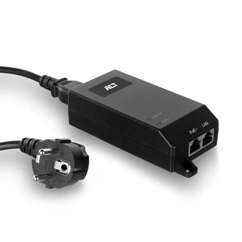 ACT Gigabit PoE+ (30W) injektorius, Gigabit Ethernet, 10,100,1000 Mbit/s, IEEE 802.3, IEEE 802.3ab, IEEE 802.3af, IEEE 802.3at, IEEE 802.3u, Juoda, 30 V, 100 - 240 V