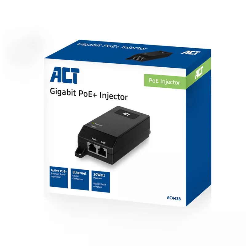 ACT Gigabit PoE+ (30W) injektorius, Gigabit Ethernet, 10,100,1000 Mbit/s, IEEE 802.3, IEEE 802.3ab, IEEE 802.3af, IEEE 802.3at, IEEE 802.3u, Juoda, 30 V, 100 - 240 V