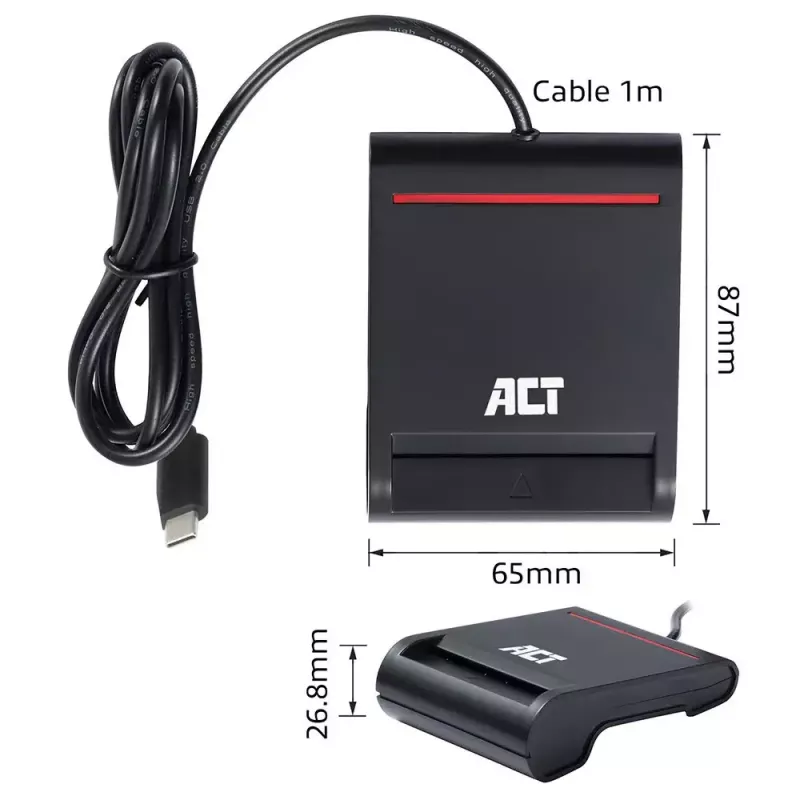 ACT išorinis USB-C išmaniųjų kortelių eID kortelių skaitytuvas, juodas