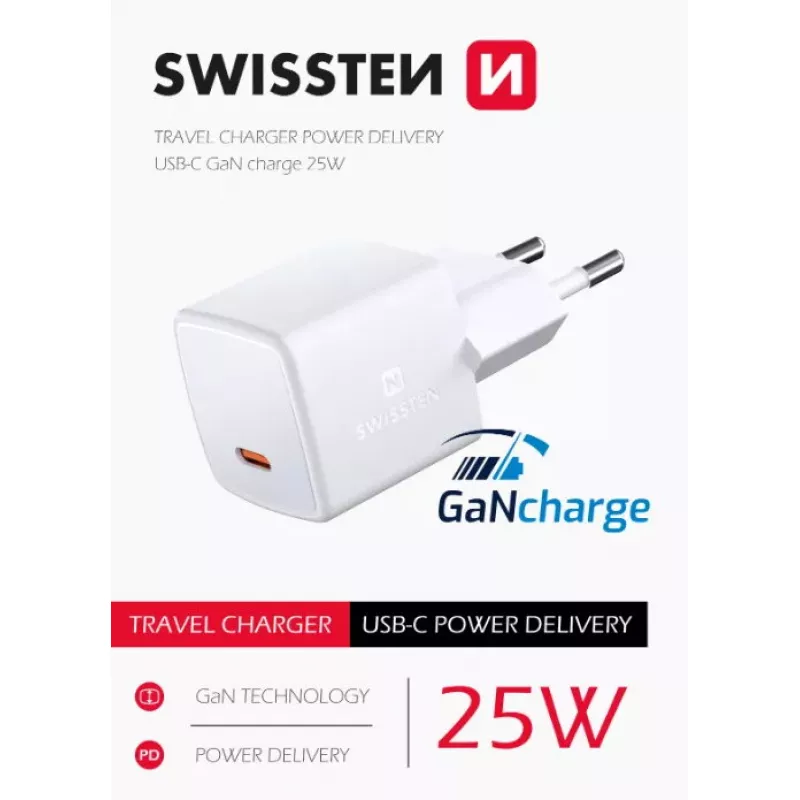 SWISSTEN Mini Travel Charger GaN 25W PD USB-C greitasis įkroviklis telefonams ir planšetėms