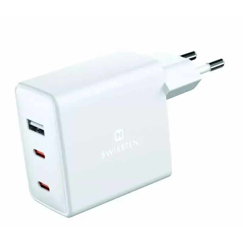 SWISSTEN kelioninis įkroviklis GaN 70W 2×USB-C greitas įkroviklis nešiojamiesiems kompiuteriams ir telefonams