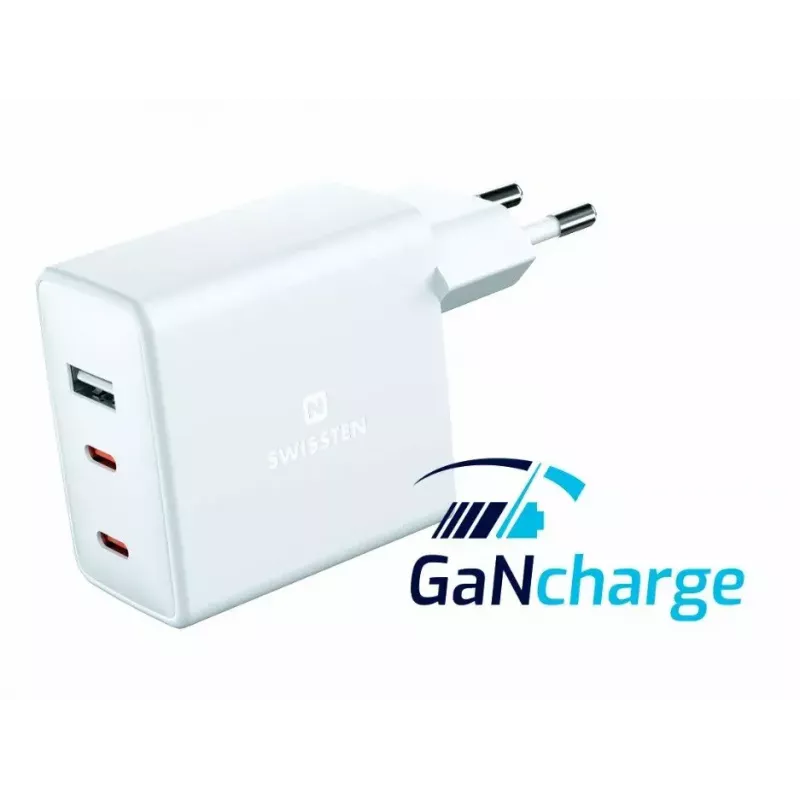 SWISSTEN kelioninis įkroviklis GaN 70W 2×USB-C greitas įkroviklis nešiojamiesiems kompiuteriams ir telefonams