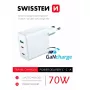 SWISSTEN kelioninis įkroviklis GaN 70W 2×USB-C greitas įkroviklis nešiojamiesiems kompiuteriams ir telefonams