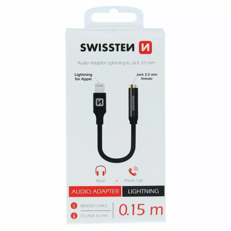 Garso adapteris SWISSTEN Lightning į 3,5 mm lizdą SW-LIGHT-3.5MM-BK, kabelis 0,15 m, juodas