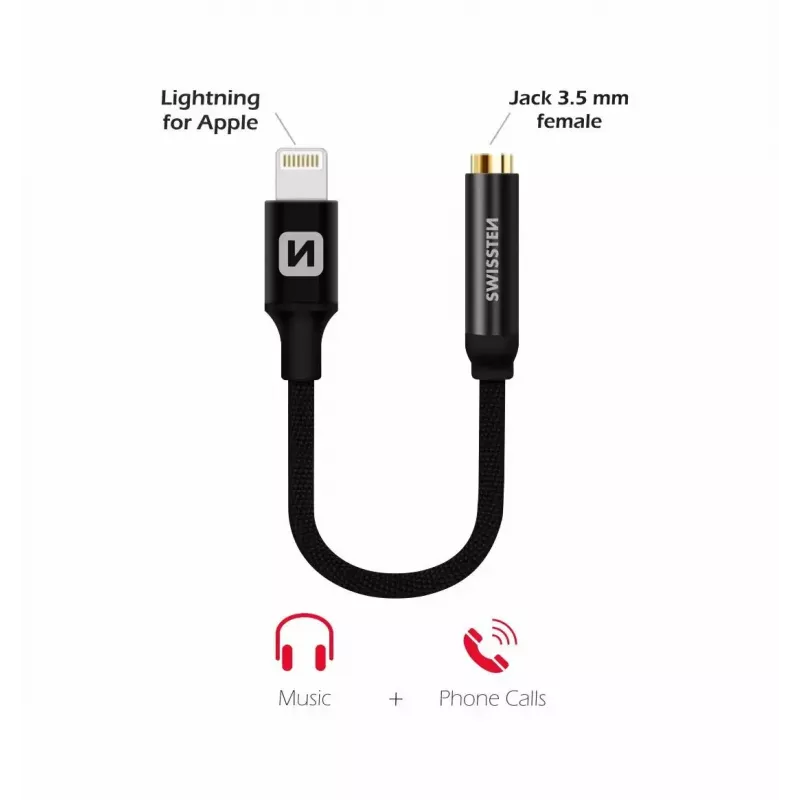 Garso adapteris SWISSTEN Lightning į 3,5 mm lizdą SW-LIGHT-3.5MM-BK, kabelis 0,15 m, juodas
