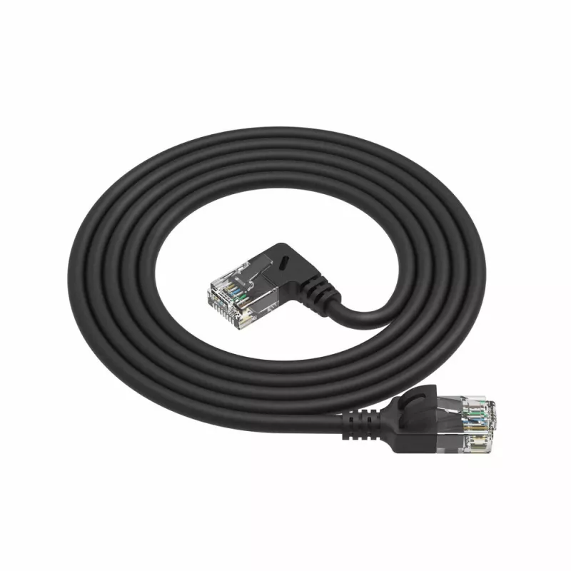 ACT Juoda 3 metrai U/UTP CAT6A LSZH plonas komutacinis kabelis su RJ45 jungtimis 90° kampuota dešinėn į tiesią