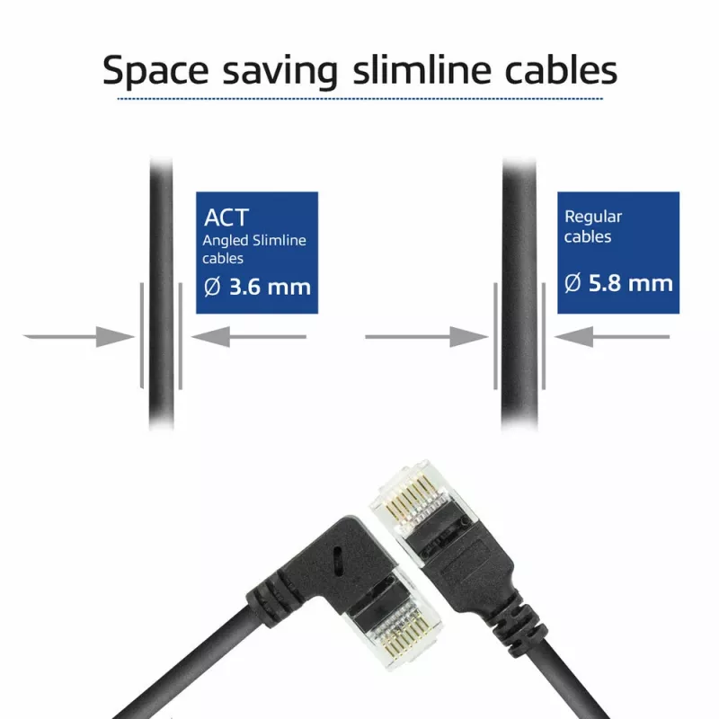 ACT Juoda 3 metrai U/UTP CAT6A LSZH plonas komutacinis kabelis su RJ45 jungtimis 90° kampuota dešinėn į tiesią