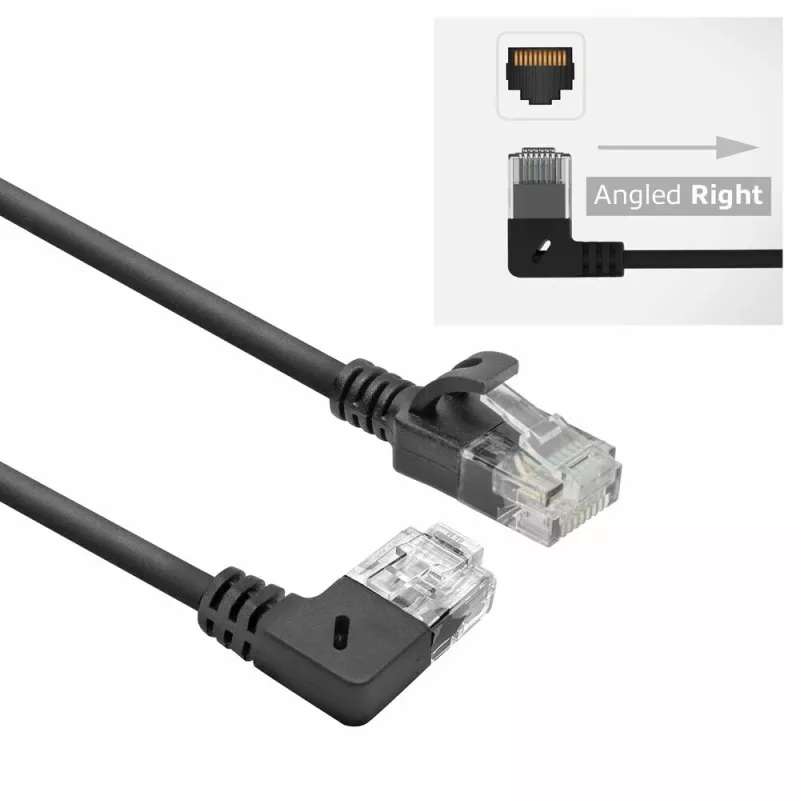 ACT juodas 1,5 metro U/UTP CAT6A LSZH plonas komutacinis kabelis su RJ45 jungtimis 90° kampu dešinėn į tiesią