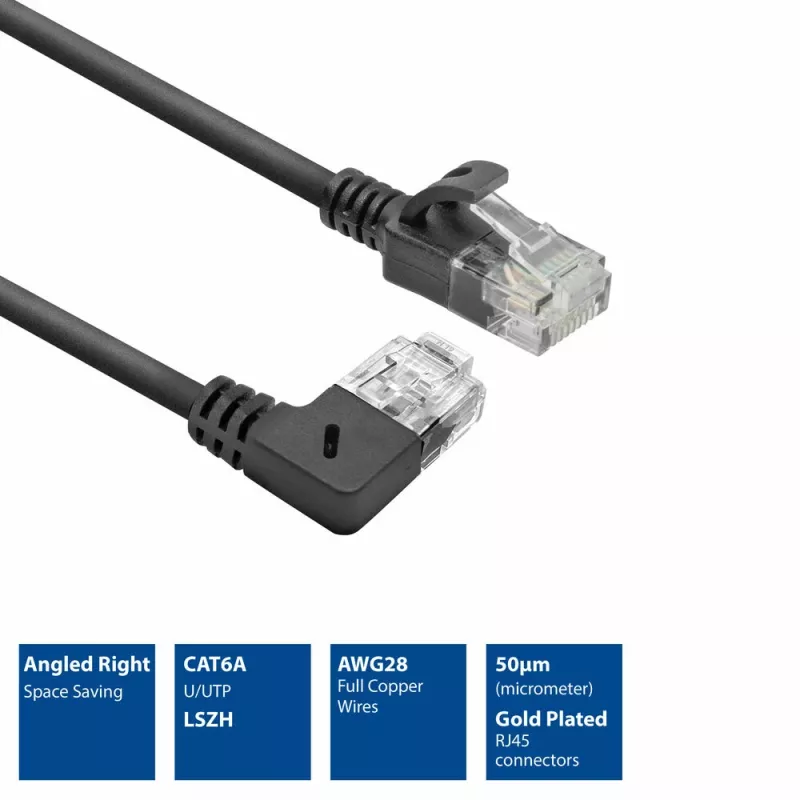 ACT juodas 1,5 metro U/UTP CAT6A LSZH plonas komutacinis kabelis su RJ45 jungtimis 90° kampu dešinėn į tiesią