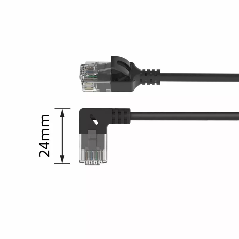 ACT juodas 1,5 metro U/UTP CAT6A LSZH plonas komutacinis kabelis su RJ45 jungtimis 90° kampu dešinėn į tiesią