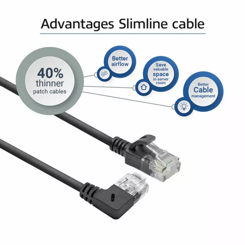 ACT juodas 1,5 metro U/UTP CAT6A LSZH plonas komutacinis kabelis su RJ45 jungtimis 90° kampu dešinėn į tiesią