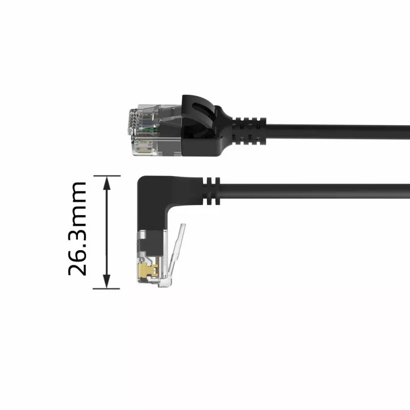ACT juodas 2 m U/UTP CAT6A LSZH plonas komutacinis kabelis su RJ45 jungtimis, 90° kampine žemyn į tiesią