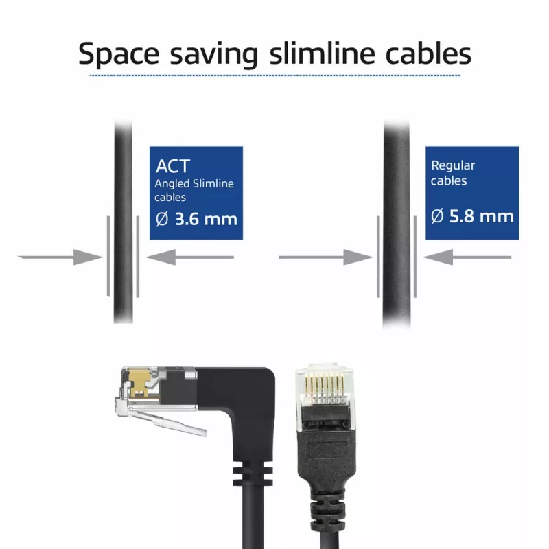 ACT juodas 2 m U/UTP CAT6A LSZH plonas komutacinis kabelis su RJ45 jungtimis, 90° kampine žemyn į tiesią