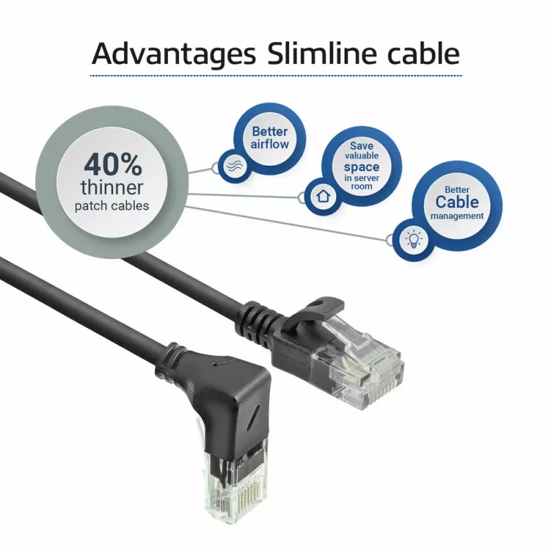 ACT juodas 2 m U/UTP CAT6A LSZH plonas komutacinis kabelis su RJ45 jungtimis, 90° kampine žemyn į tiesią