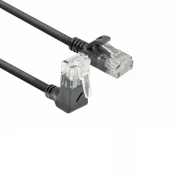 ACT juodas 2 metrų U/UTP CAT6A LSZH plonas kabelis su RJ45 jungtimis 90° kampu aukštyn į tiesią