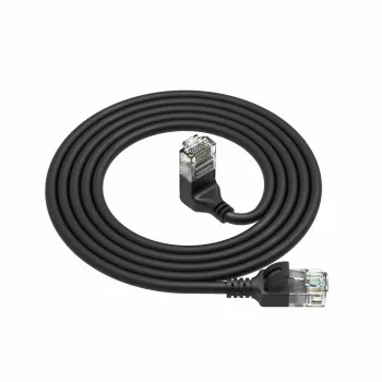 ACT juodas 2 metrų U/UTP CAT6A LSZH plonas kabelis su RJ45 jungtimis 90° kampu aukštyn į tiesią
