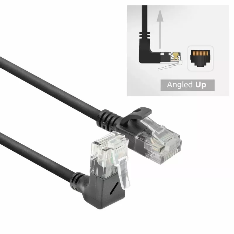 ACT juodas 2 metrų U/UTP CAT6A LSZH plonas kabelis su RJ45 jungtimis 90° kampu aukštyn į tiesią