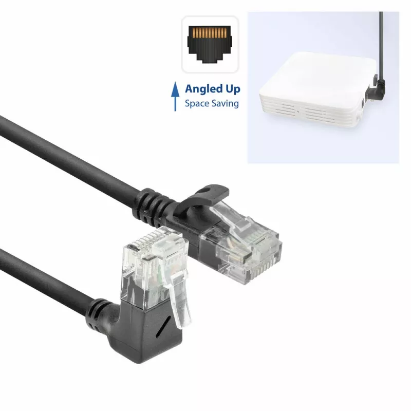 ACT juodas 2 metrų U/UTP CAT6A LSZH plonas kabelis su RJ45 jungtimis 90° kampu aukštyn į tiesią