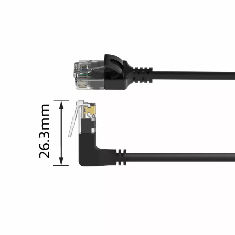 ACT juodas 2 metrų U/UTP CAT6A LSZH plonas kabelis su RJ45 jungtimis 90° kampu aukštyn į tiesią