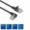 ACT juodas 0,5 metro U/UTP CAT6A LSZH plonas komutacinis kabelis su RJ45 jungtimis, 90° kampine į kairę – tiesia