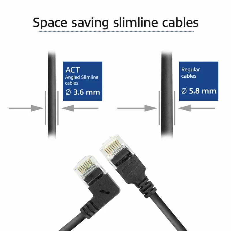 ACT juodas 0,5 metro U/UTP CAT6A LSZH plonas komutacinis kabelis su RJ45 jungtimis, 90° kampine į kairę – tiesia