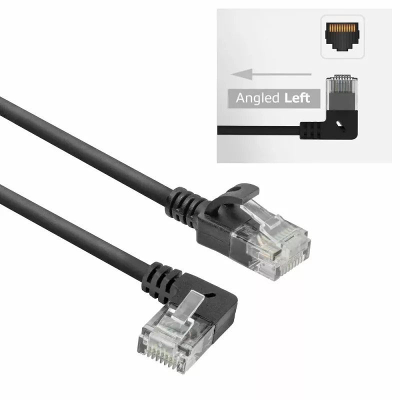 ACT juodas 0,25 metro U/UTP CAT6A LSZH plonas komutacinis kabelis su RJ45 jungtimis, 90° kampuota į kairę į tiesią