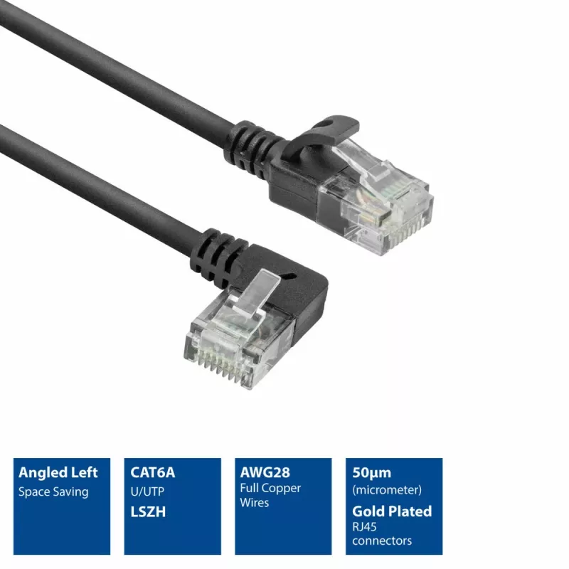 ACT juodas 0,25 metro U/UTP CAT6A LSZH plonas komutacinis kabelis su RJ45 jungtimis, 90° kampuota į kairę į tiesią