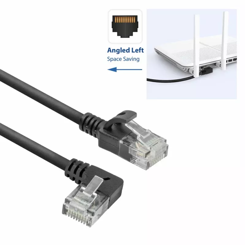 ACT juodas 0,25 metro U/UTP CAT6A LSZH plonas komutacinis kabelis su RJ45 jungtimis, 90° kampuota į kairę į tiesią