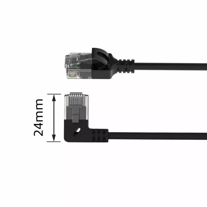 ACT juodas 0,25 metro U/UTP CAT6A LSZH plonas komutacinis kabelis su RJ45 jungtimis, 90° kampuota į kairę į tiesią