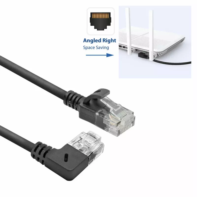 ACT juodas 0,15 metro U/UTP CAT6A LSZH plonas komutacinis kabelis su RJ45 jungtimis 90° kampu dešinėn į tiesią