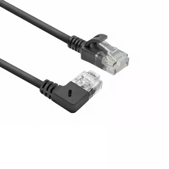 ACT juodas 0,25 m U/UTP CAT6A LSZH plonas komutacinis kabelis su RJ45 jungtimis, 90° kampuota dešinėje – tiesi