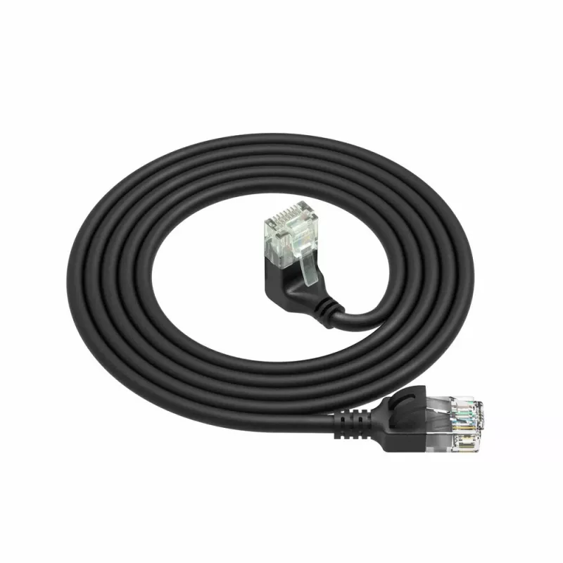 ACT juodas 0.25 metro U/UTP CAT6A LSZH plonas komutacinis kabelis su RJ45 jungtimis 90° kampu žemyn į tiesią