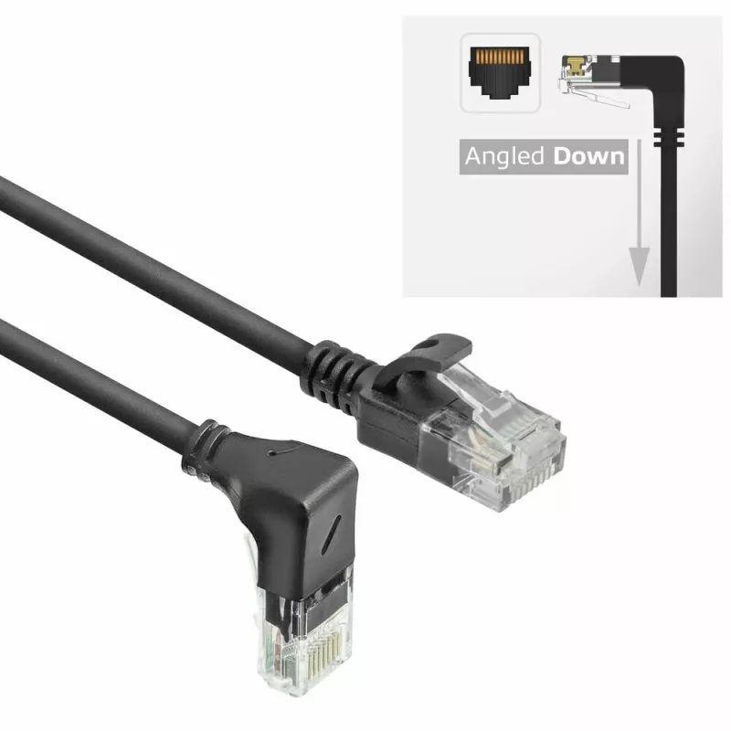 ACT juodas 0.25 metro U/UTP CAT6A LSZH plonas komutacinis kabelis su RJ45 jungtimis 90° kampu žemyn į tiesią