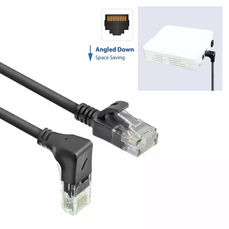 ACT juodas 0.25 metro U/UTP CAT6A LSZH plonas komutacinis kabelis su RJ45 jungtimis 90° kampu žemyn į tiesią