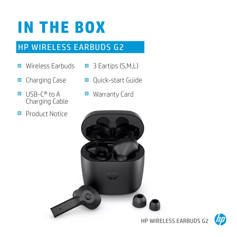 HP Wireless Earbuds G2, belaidės, muzikai, 12 g, ausinės, juodos
