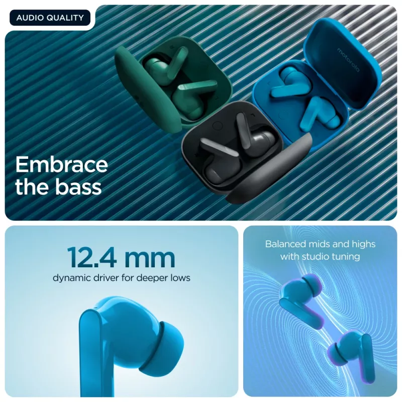 Motorola Moto Buds Bass ausinės True Wireless Stereo (TWS) į ausis įdedamos Skambučiams / Muzikai Bluetooth Mėlyna