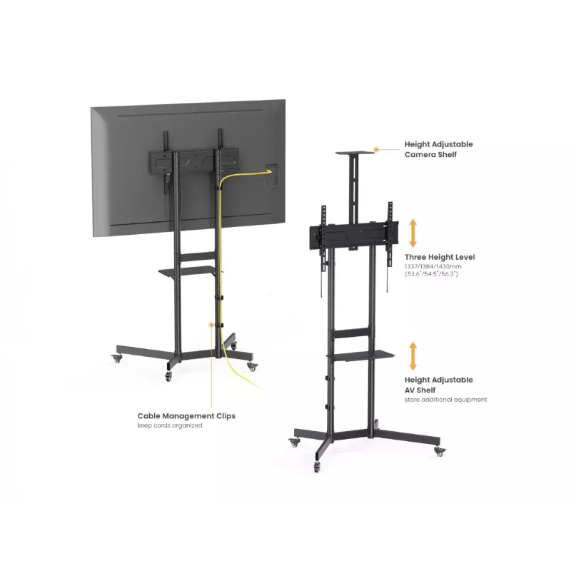 TV vežimėlis EQUIP 37 colių–70 colių Economy 37–70 colių ekranams, 70 kg talpa, VESA 100x100–600x400, aukštis 1337–1430 mm, pasvirimas -10°–5°, juodas